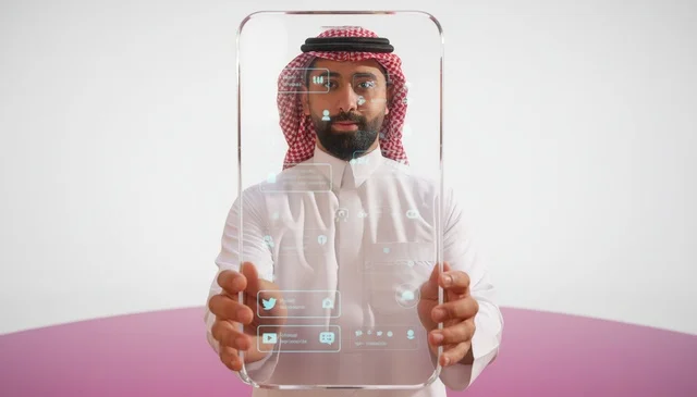 Saudi Man Holding Transparent Futuristic Smartphone Screen