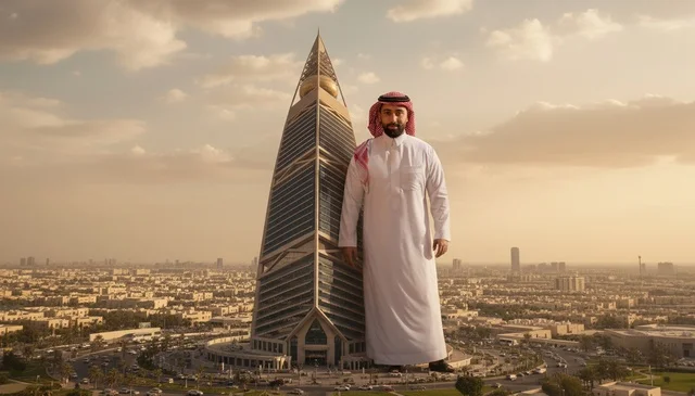Giant Saudi Man at Faisaliah Tower Riyadh Sunset