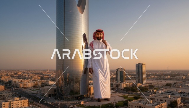 رجل سعودي بجانب ناطحة سحاب في الرياض وقت الغروب