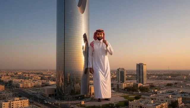 رجل سعودي بجانب ناطحة سحاب في الرياض وقت الغروب