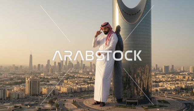 رجل سعودي أمام برج المملكة في مدينة الرياض