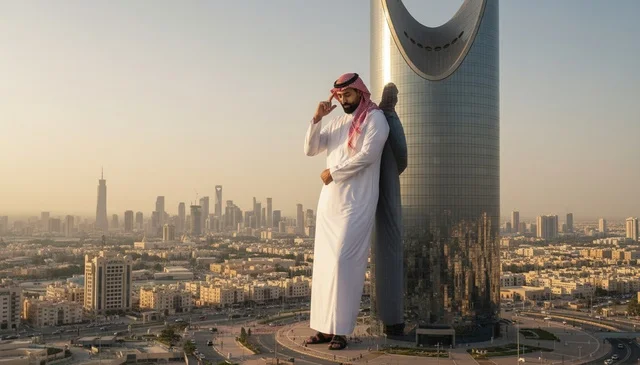 Saudi Man Riyadh Kingdom Centre Cityscape at Sunset