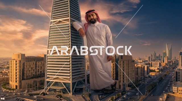 رجل سعودي عملاق يتكئ على برج الفيصلية بالرياض