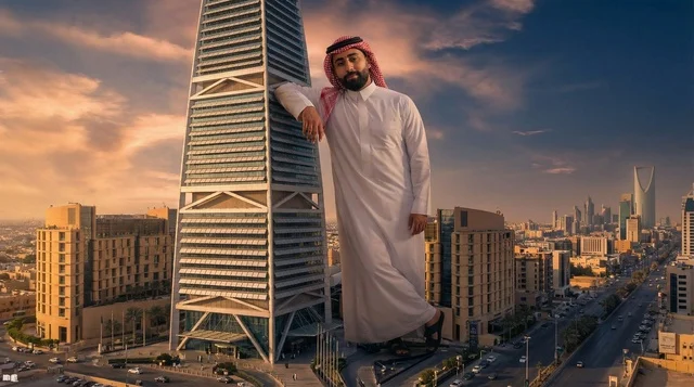 Giant Saudi Man Leaning on Riyadh Skyscraper Sunset