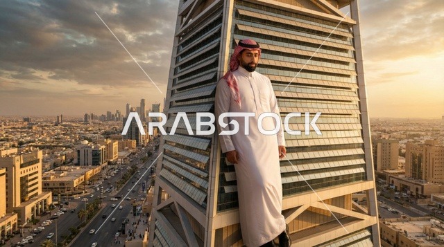 Saudi Man on Skyscraper Overlooking Riyadh at Sunset