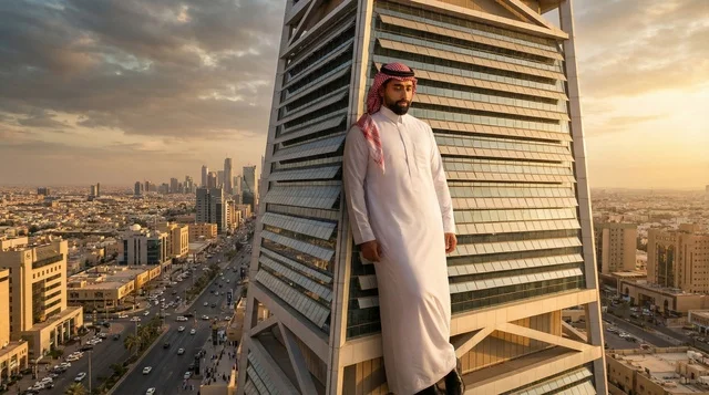 Saudi Man on Skyscraper Overlooking Riyadh at Sunset