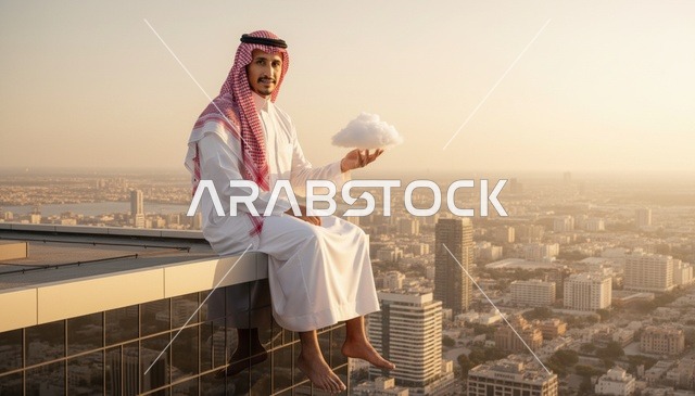 رجل سعودي فوق ناطحة سحاب يمسك سحابة في الساعة الذهبية