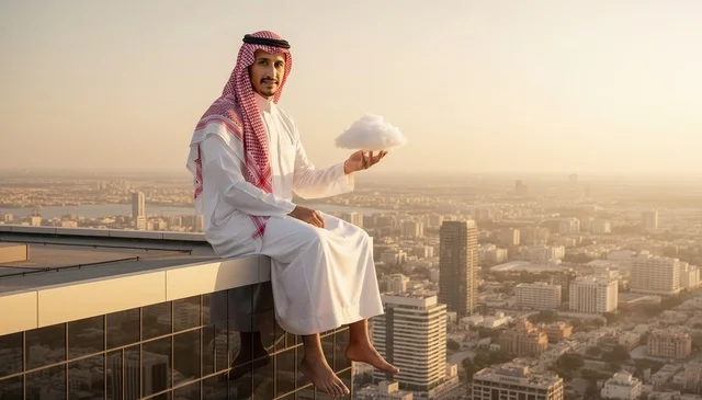 رجل سعودي فوق ناطحة سحاب يمسك سحابة في الساعة الذهبية