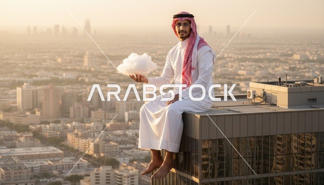 رجل سعودي على سطح ناطحة سحاب وقت الغروب