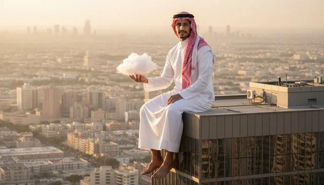 رجل سعودي على سطح ناطحة سحاب وقت الغروب