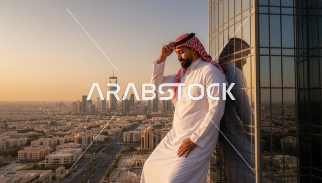 رجل سعودي يطل على أفق مدينة الرياض وقت الغروب