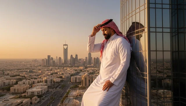 Saudi Man Riyadh Skyline and Kingdom Centre at Sunset