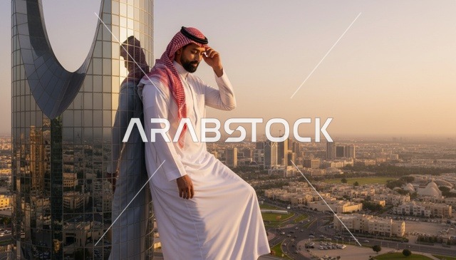 رجل سعودي عند برج المملكة في الرياض وقت الغروب