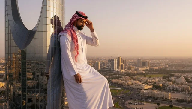 رجل سعودي عند برج المملكة في الرياض وقت الغروب