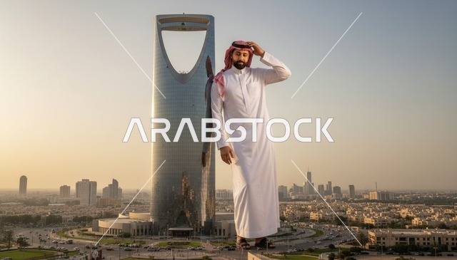 رجل سعودي أمام برج المملكة في الرياض وقت الغروب