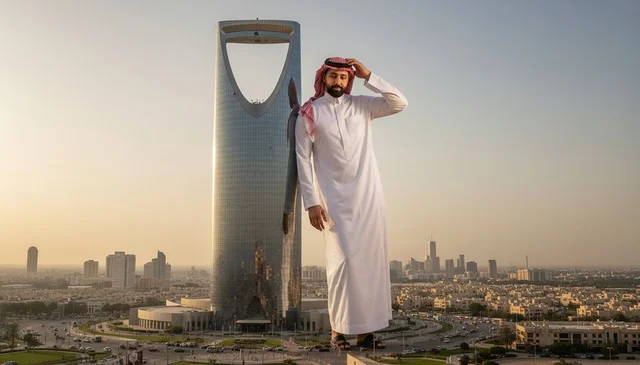 رجل سعودي أمام برج المملكة في الرياض وقت الغروب