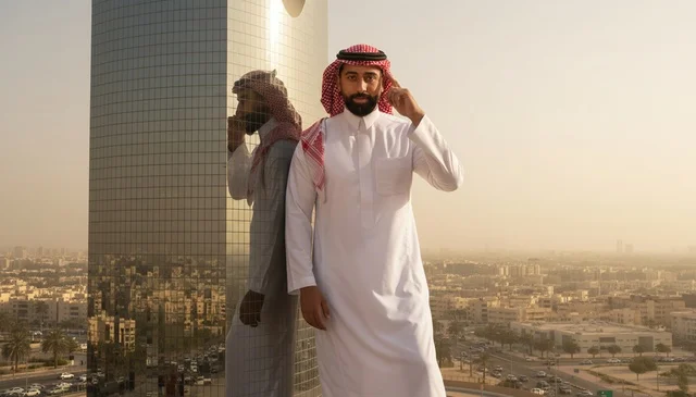 Saudi Man at Urban Skyscraper in Traditional Dress