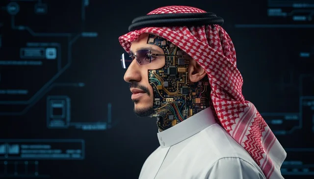 Saudi Man Cybernetic AI Profile with Electronic Circuitry