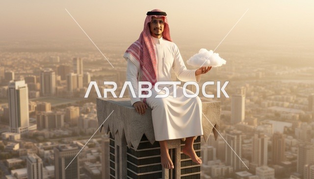 رجل سعودي فوق ناطحة سحاب يحمل سحابة وقت الغروب