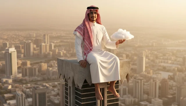 Saudi Man on Skyscraper Holding Cloud at Sunset