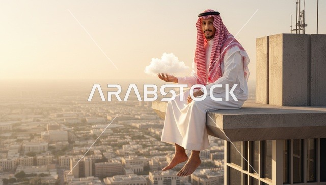 رجل سعودي على ناطحة سحاب مع سحابة وقت الغروب