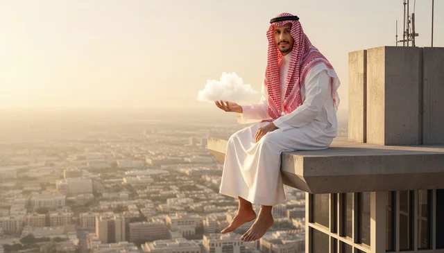 Saudi Man on Skyscraper with Cloud at Sunset