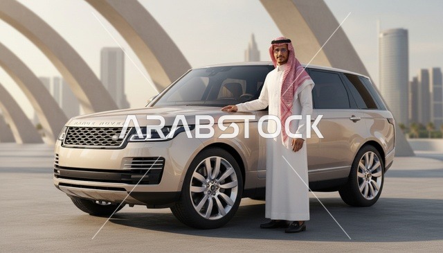 رجل سعودي يقف بجانب سيارة فاخرة في مدينة حديثة