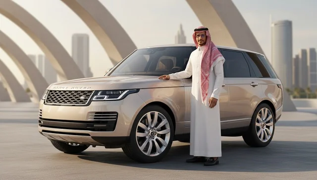Saudi Man Standing with Luxury SUV in Modern City