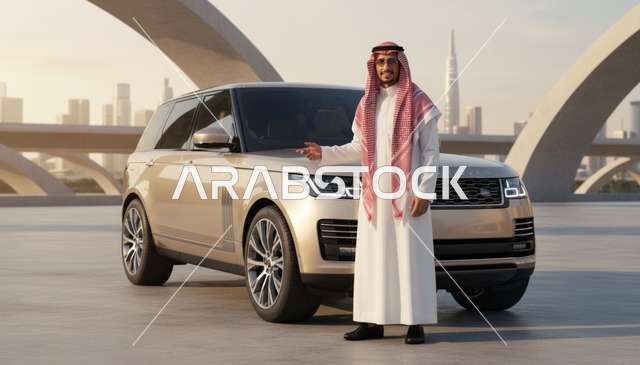 رجل سعودي مع سيارة فاخرة في دبي وقت الغروب