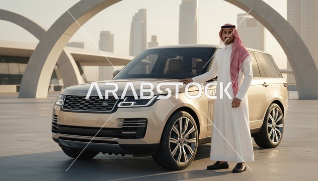 رجل سعودي مع سيارة فاخرة في بيئة حضرية حديثة