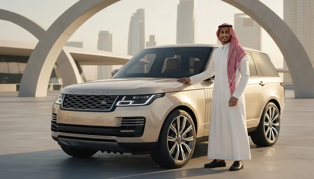 رجل سعودي مع سيارة فاخرة في بيئة حضرية حديثة