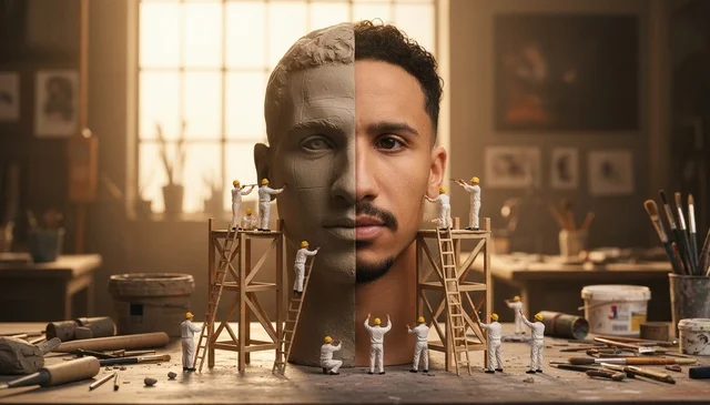Miniature Workers Sculpting Arab Man Face Concept