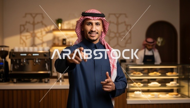 رجل سعودي بالثوب الأزرق يشير للكاميرا داخل مقهى حديث