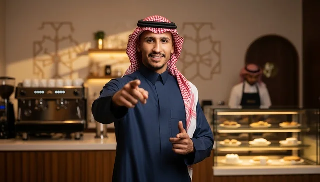 Saudi Man in Blue Thobe Pointing at Camera in Modern Cafe