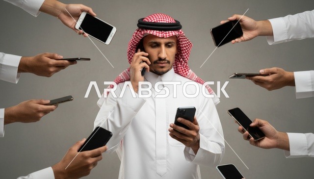 Saudi Man with Multiple Smartphones and Digital Stress