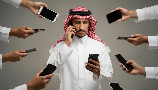 Saudi Man with Multiple Smartphones and Digital Stress