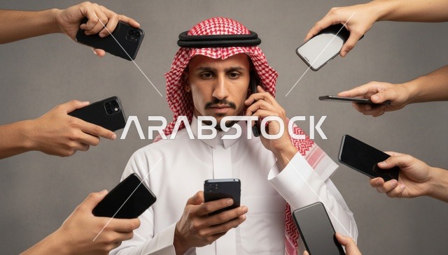 رجل سعودي مع هواتف ذكية متعددة تشتت رقمي