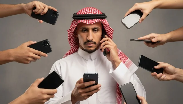 Saudi Man with Multiple Smartphones Digital Distraction