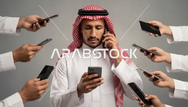 رجل سعودي مع عدة هواتف ذكية في الاستوديو