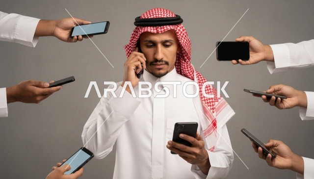 Saudi Man with Multiple Smartphones and Digital Distraction
