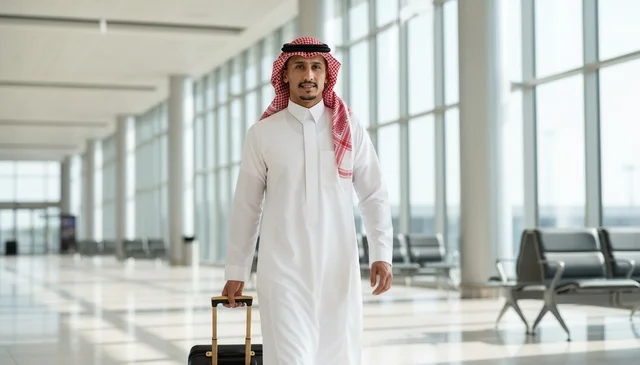 Saudi Businessman in Traditional Dress at Airport Terminal