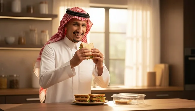 رجل سعودي باللباس التقليدي يتناول وجبة في المطبخ