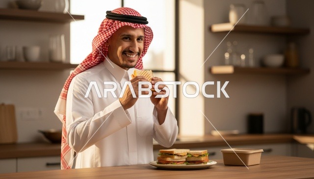 رجل سعودي بالزي التقليدي يأكل ساندوتش في المطبخ