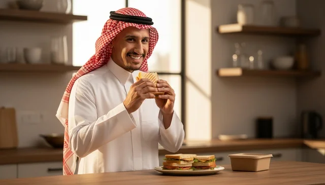 رجل سعودي بالزي التقليدي يأكل ساندوتش في المطبخ