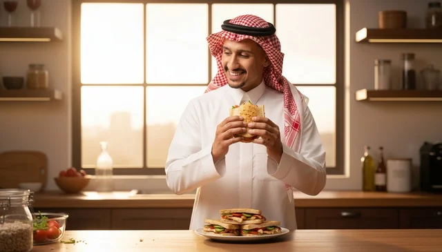 Saudi Man Eating Sandwich in Sunlit Kitchen