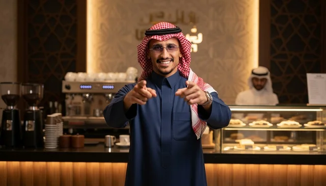 Saudi Man in Traditional Thobe Pointing in Cafe