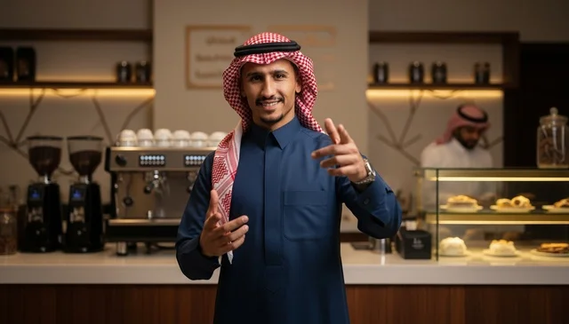 Saudi Man in Traditional Thobe at Modern Cafe