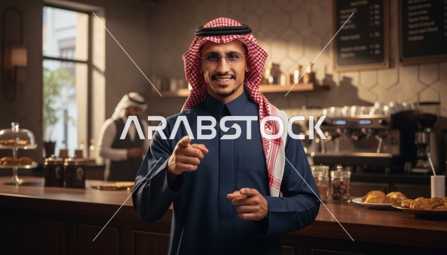 رجل سعودي يرتدي الثوب الكحلي يشير للكاميرا داخل مقهى