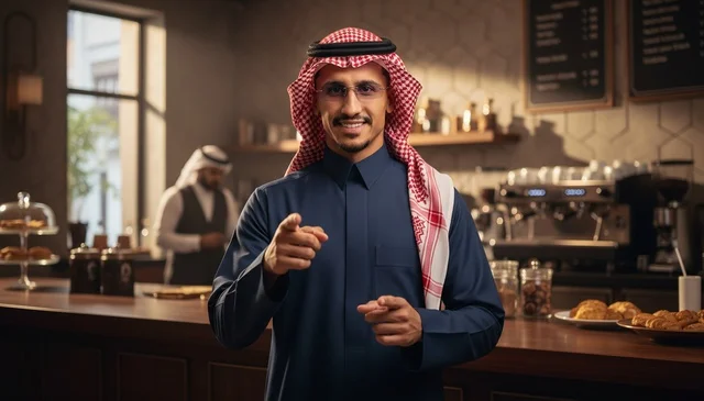 Saudi Man in Navy Thobe Pointing Toward Camera in Cafe