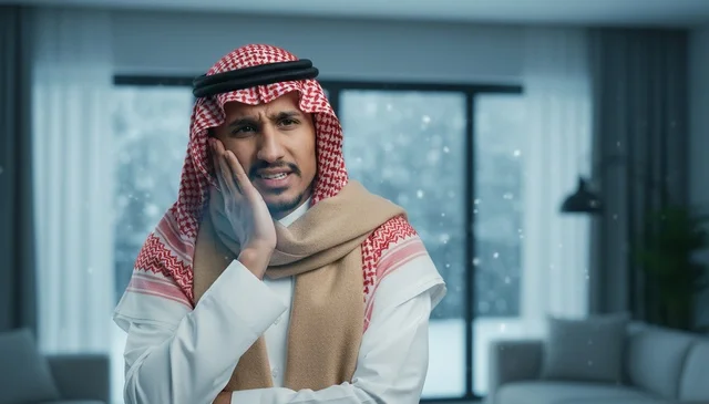 رجل سعودي بالزي التقليدي يعبر عن الألم